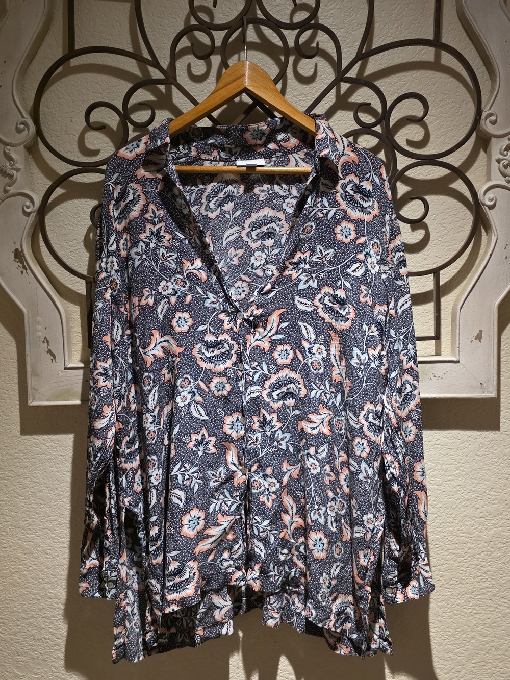 J. Jill Floral Button-Down Top — Black with Pink and Cream Flowers